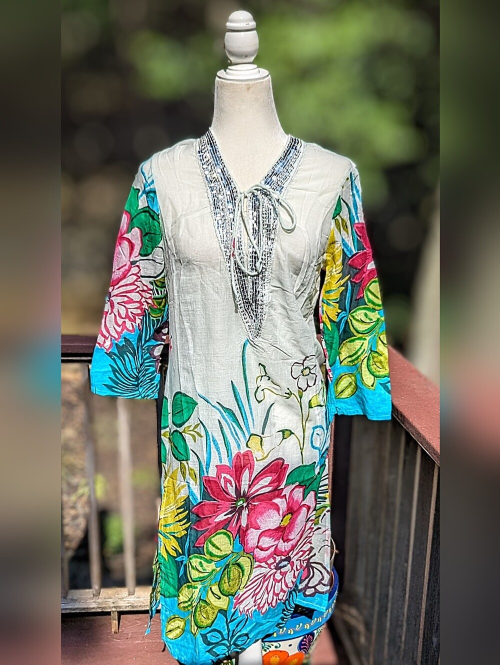 💯 Indian Cotton Floral V-Neck Midi Dress -Floral Print With Sequin Embellishmen